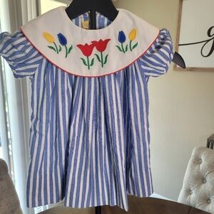 Blue & White Striped Girls' Dress with Colorful Tulip by Aston Connor.  Size 2T
